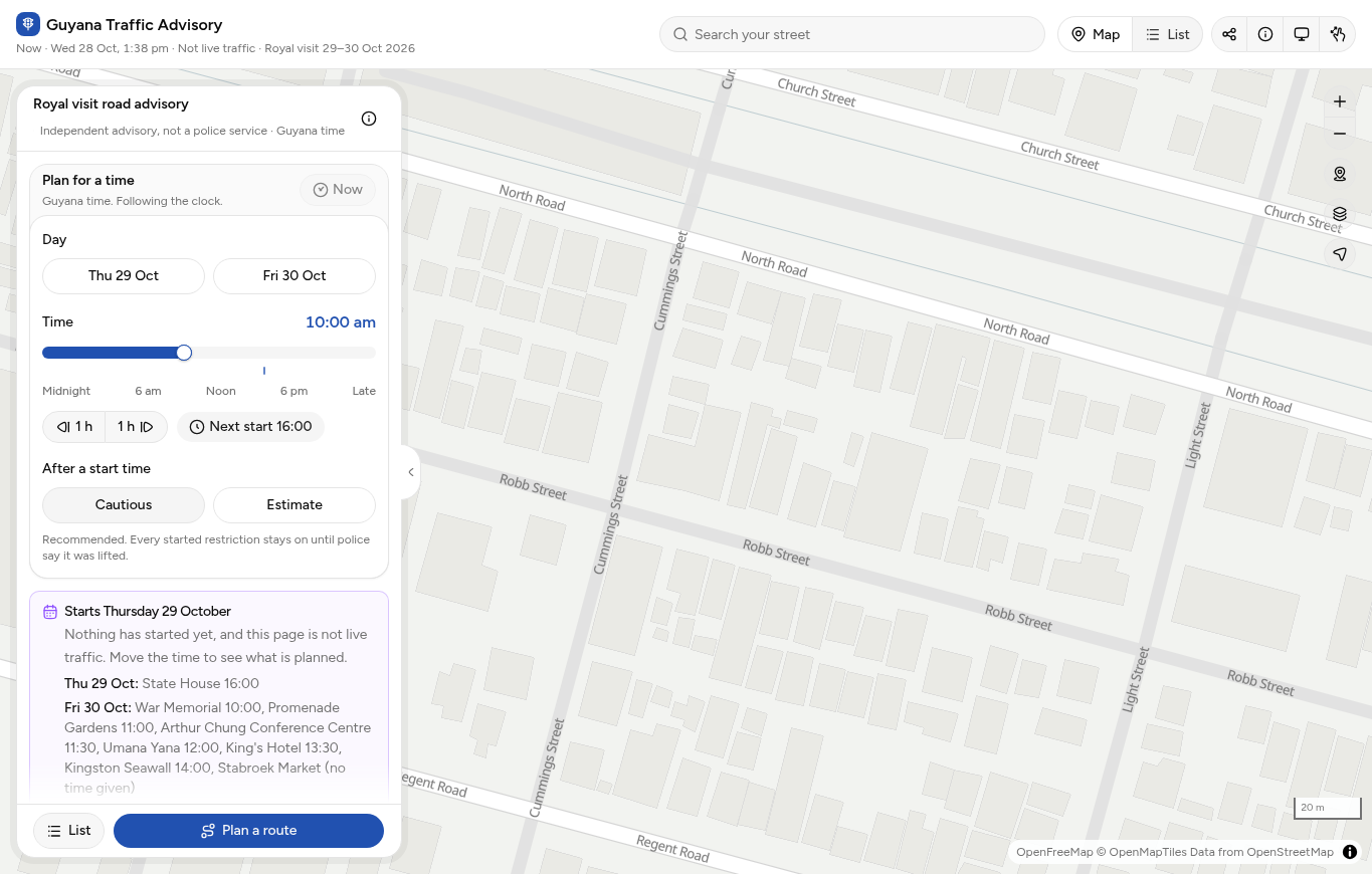 Screenshot of the actual Guyana Traffic Advisory showing its Georgetown street map, planning controls and clearly labeled non-live information