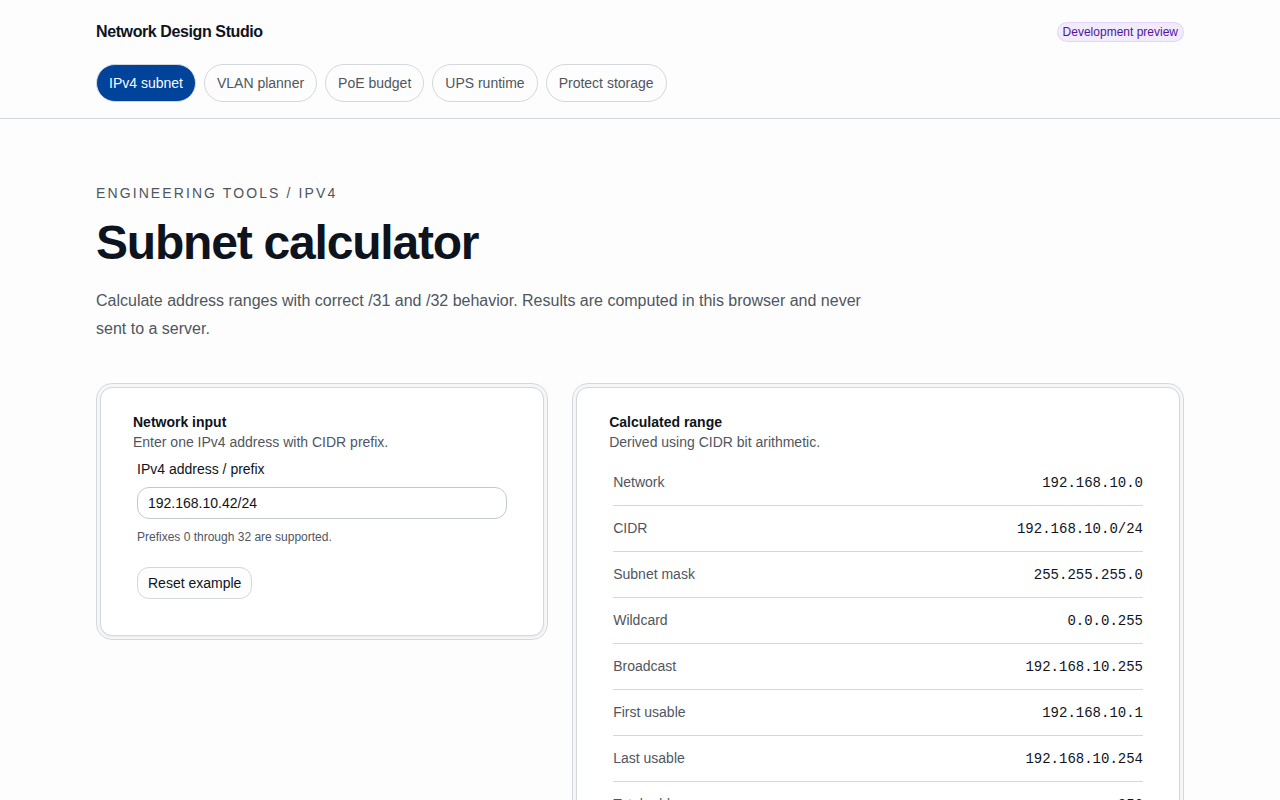 Actual Network Design Studio subnet calculator desktop screenshot with editable CIDR and calculated subnet range